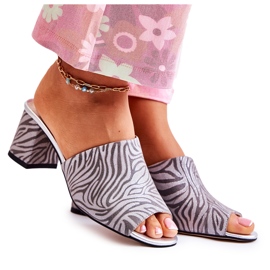 Leather Women's Slippers On High Heel Zebra Gray Nessita silver Leather Women's Slippers On High Heel Zebra Gray Nessita silver
