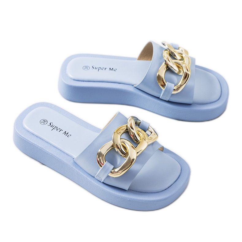 Blue slippers with Bragg chain