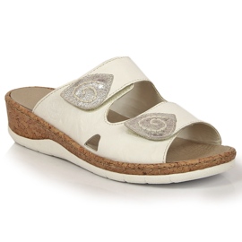 White Rieker V7151-80 women's leather slippers with velcro wedges