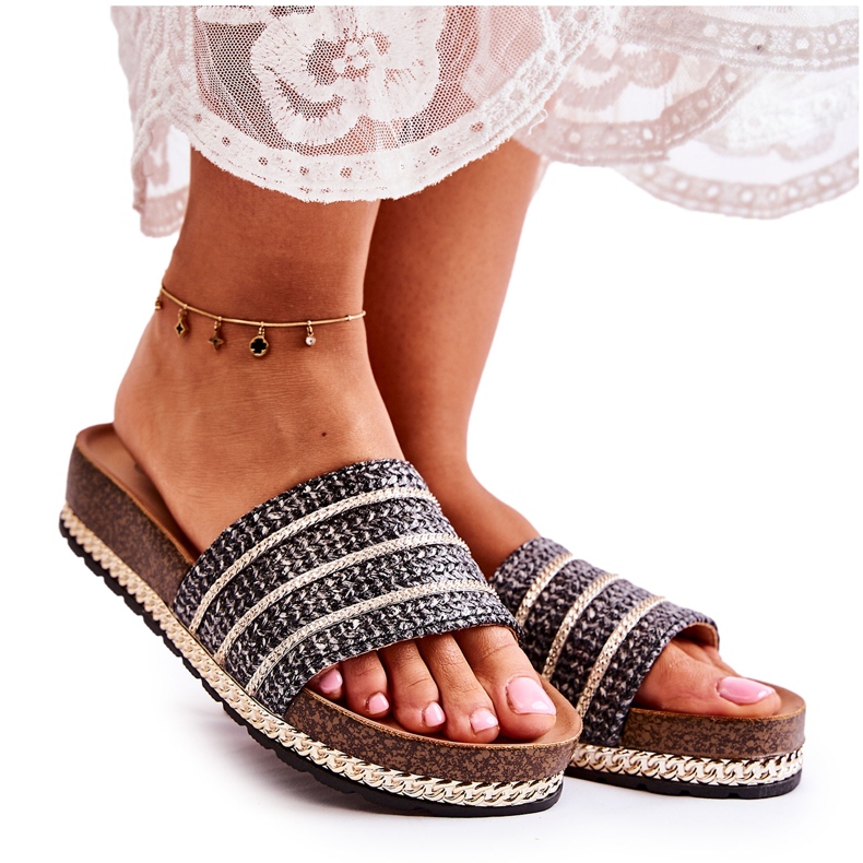 S.Barski Women's Classic Slippers With A Chain Black Maddy