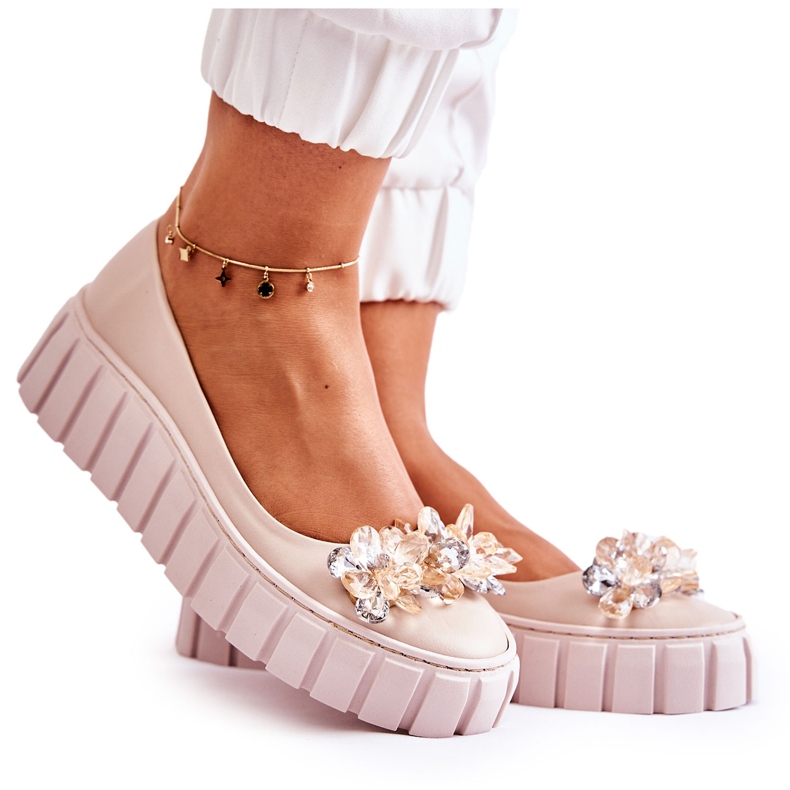 PA2 Leather Ballerinas On Platform With Beige Ladette Ornament