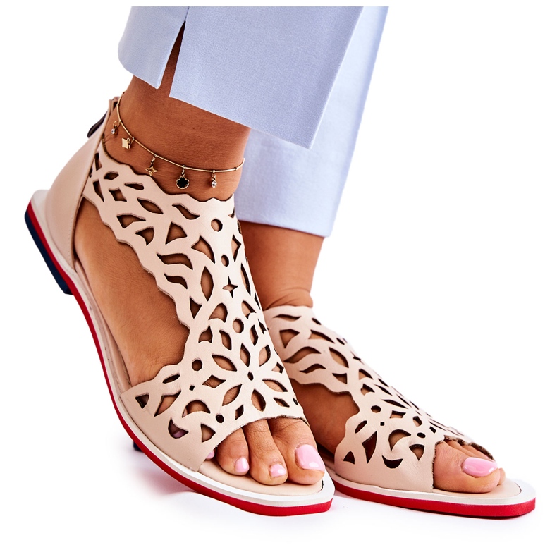 PA2 Leather Lightweight Openwork Sandals Beige Alima