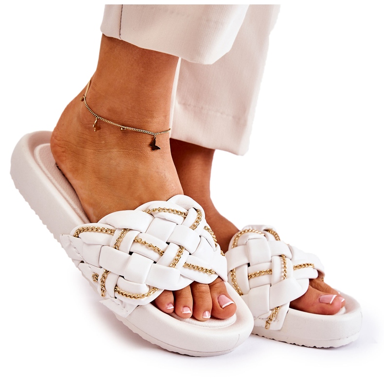PS1 Women's Leather Slippers With A Chain White Soline