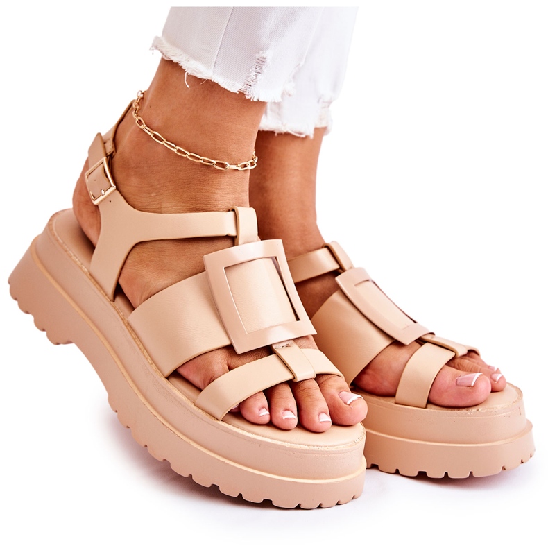 PS1 Women's Leather Sandals On The Dark Beige Corene Platform