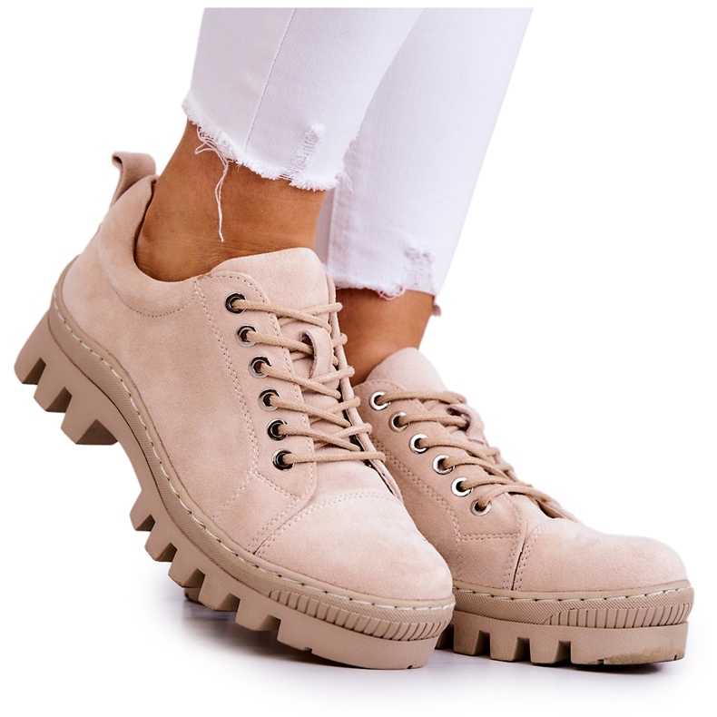 S.Barski Women's Suede Lace Up Shoes, Beige