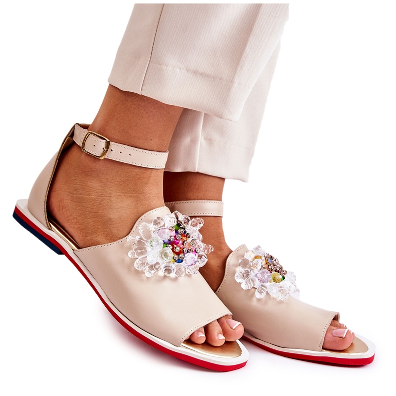 PA2 Women's Leather Sandals With Beige Nevassa Decoration