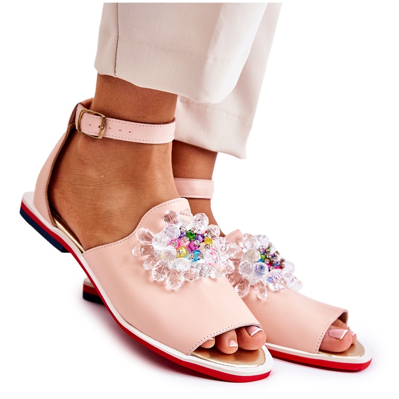 Women's Leather Sandals With A Bright Pink Nevassa Decoration Women's Leather Sandals With A Bright Pink Nevassa Decoration