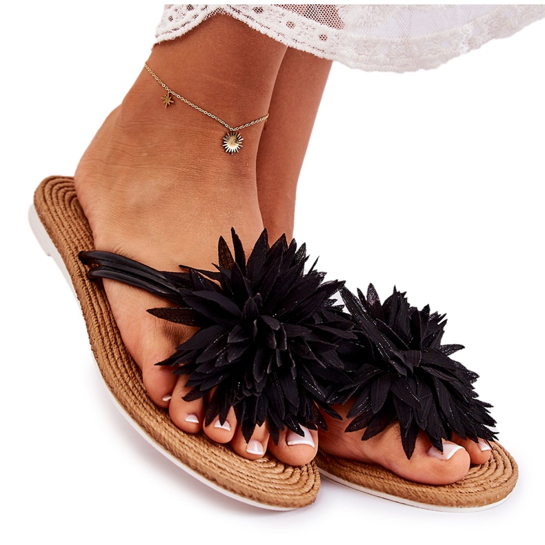 WJ1 Women's Flip-flops With Fabric Ornament Black Eviana