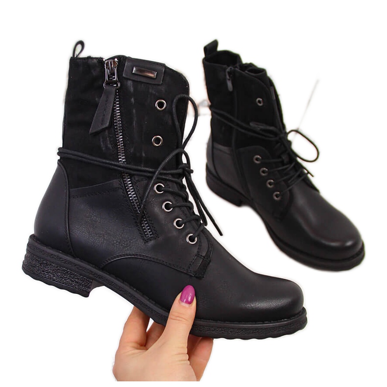 Women's lace-up workers with a zipper, black Jezzi