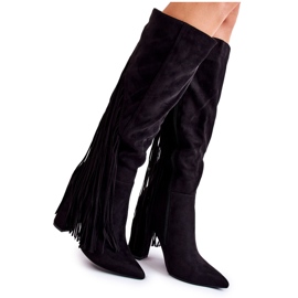 Black Avilla Suede Boots With Fringes