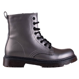 Women's gray Shelovet lace-up boots with a metallic sheen grey Women's gray Shelovet lace-up boots with a metallic sheen grey