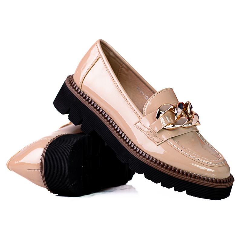 Women's loafers on the Vinceza platform made of patent leather, beige brown