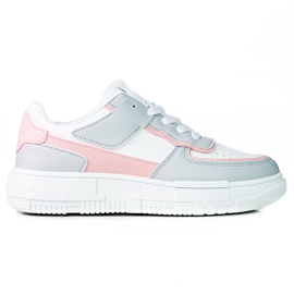 Women's lace-up sneakers on the Shelovet platform made of ecological leather in white and gray pink multicolored