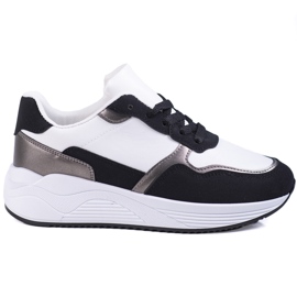 Shelovet women's black and white sneakers with a silver insert