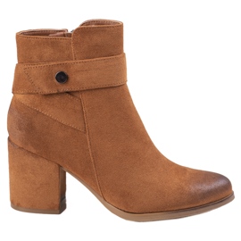 Brown women's boots on the post made of ecological Shelovet suede