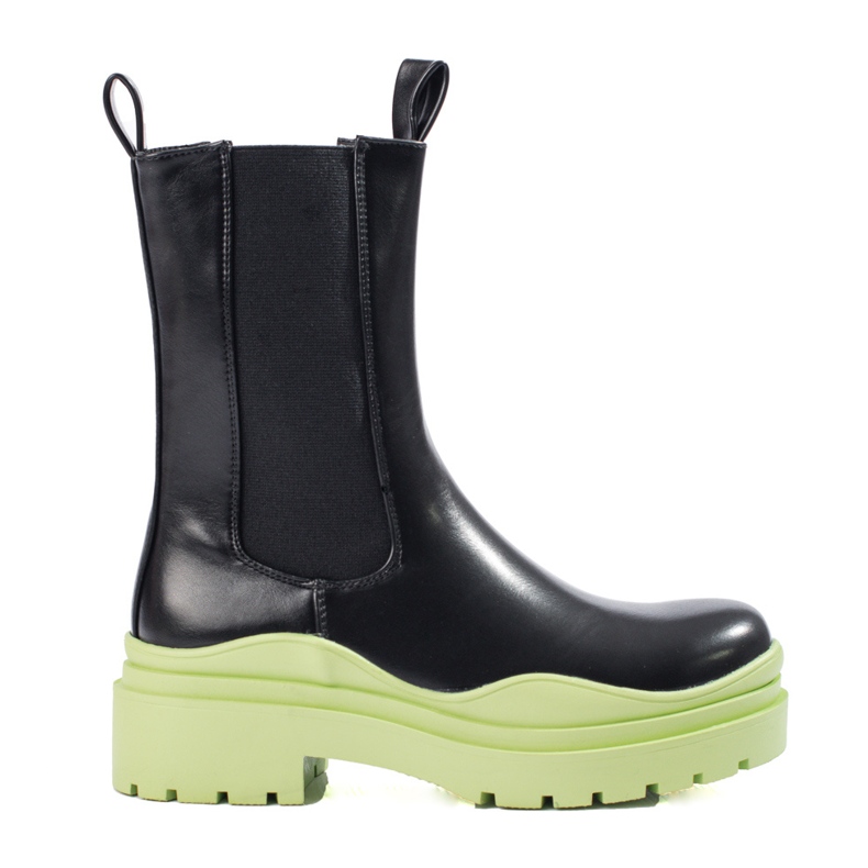 High Chelsea boots for women on a thick Shelovet platform, black and green