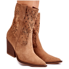 FB1 Fashionable Suede Cowboy Boots With Camel Coralie Flowers brown FB1 Fashionable Suede Cowboy Boots With Camel Coralie Flowers brown
