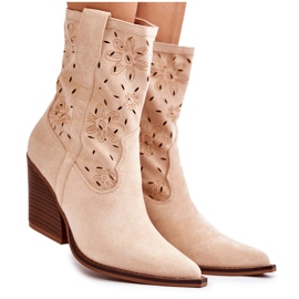 FB1 Fashionable Suede Cowboy Boots With Beige Coralie Flowers