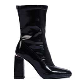 High women's boots with a block heel made of patent eco-leather black