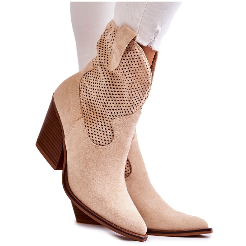 FB1 Women's Suede Openwork Boots Cowboy Beige Eleonore