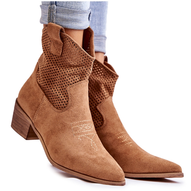 FB1 Suede Openwork Cowboy Boots With Stitching Camel Elvire brown