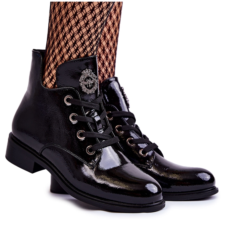 S.Barski Lacquered Black Warm Laced Boots Enrica