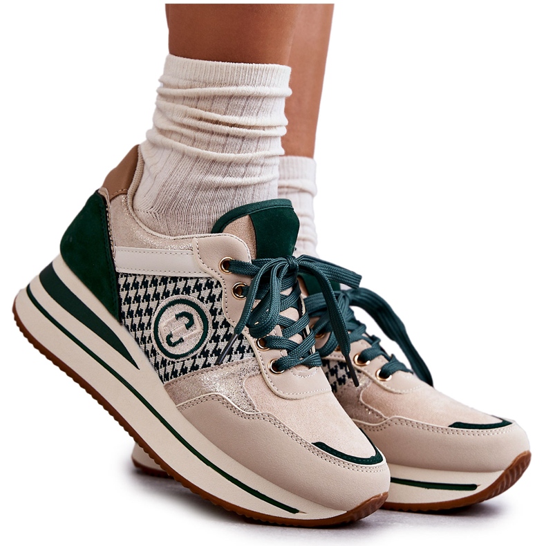FB2 Fashionable Women's Sport Shoes On A Wedge Beige-Green Aronne