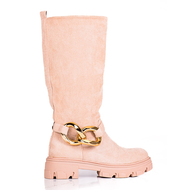 Ladies' beige boots with a Shelovet chain made of ecological suede