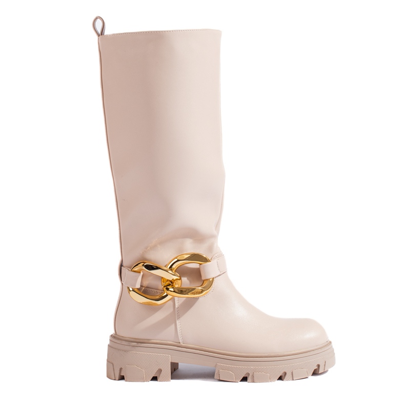 Ladies' beige boots with a Shelovet chain made of ecological leather