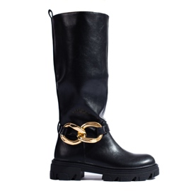 Black women's boots with a chain Shelovet made of ecological leather