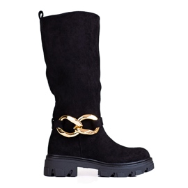 Women's black boots with a Shelovet chain made of ecological suede