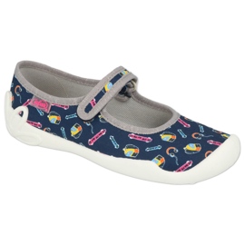 Befado children's slippers 114Y502, navy blue with colorful applications Befado children's slippers 114Y502, navy blue with colorful applications