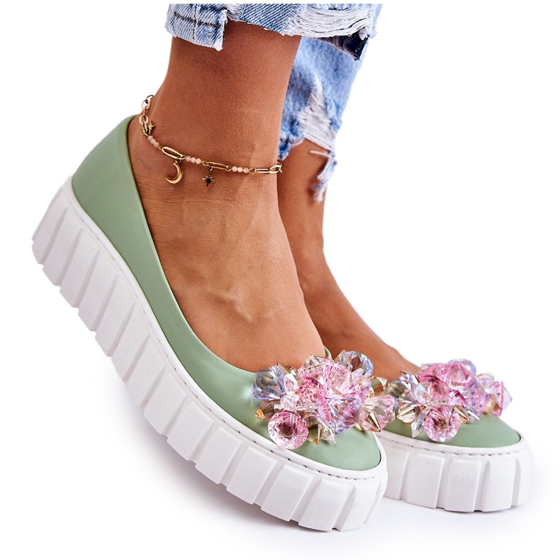 PA2 Leather Ballerinas On A Platform With A Colorful Green Ladette Decoration