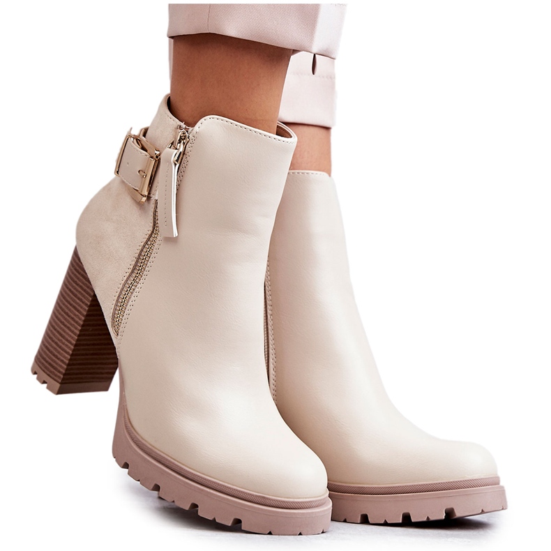 FE1 Eco-leather Boots On High Heels With A Decorative Zipper Beige Rosita