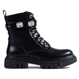 Black women's ankle boots with crystals