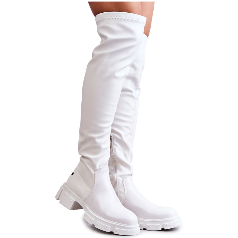 Leather Boots Over The Knee On A Flat Heel GOE KK2N4022 White