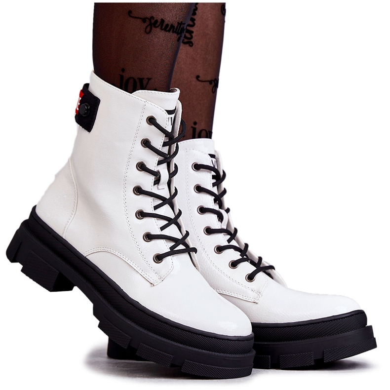 S.Barski Women's Lacquered Boots Lace-up Workers White Conny