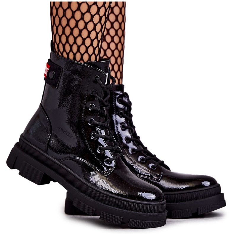 S.Barski Women's Lacquered Boots Lace-up Workers Black Conny