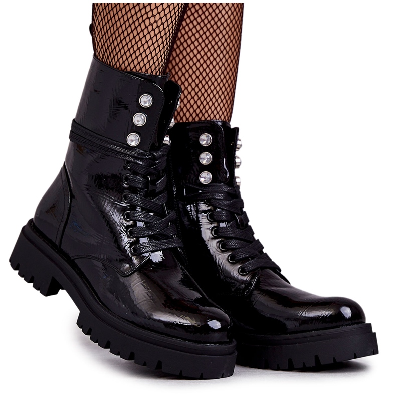 PE1 Women's Lacquered Boots Workers With Ornaments Black Gesine