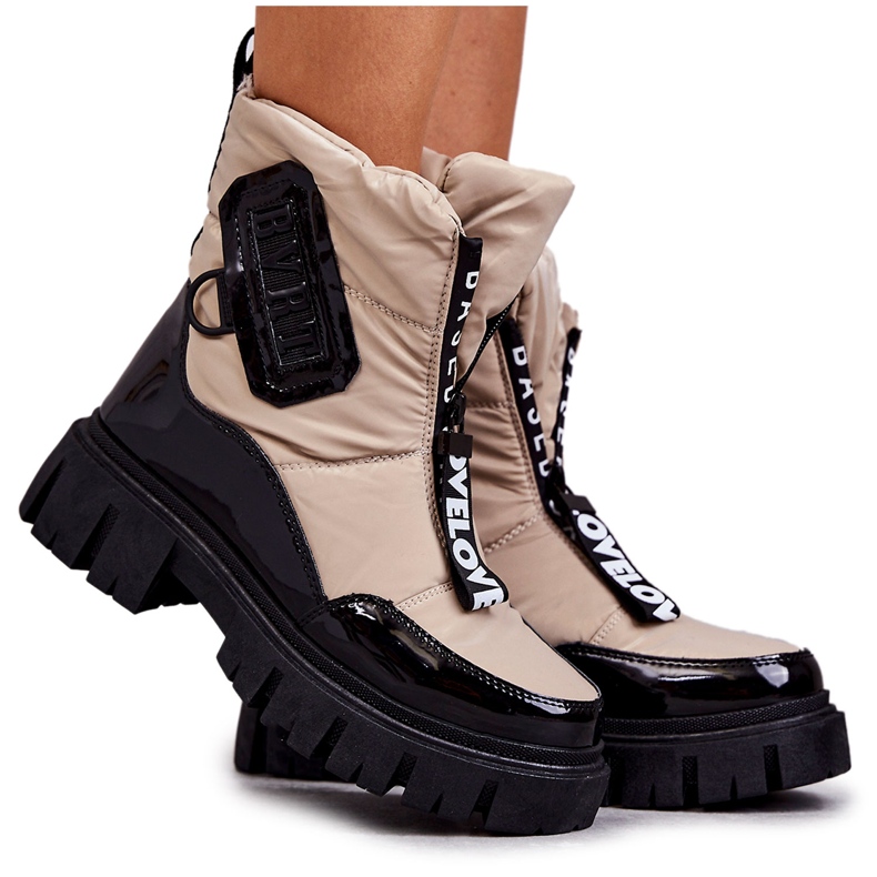 PM1 Women's Beige and Black Warm Snow Boots With Zipper Marit