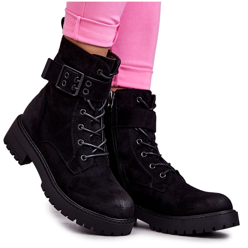 Women's Suede Lace-up Boots On A Flat Heel Black Firmina