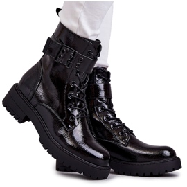 PJ1 Women's Boots Lacquered Laced On a Flat Heel Black Firmina