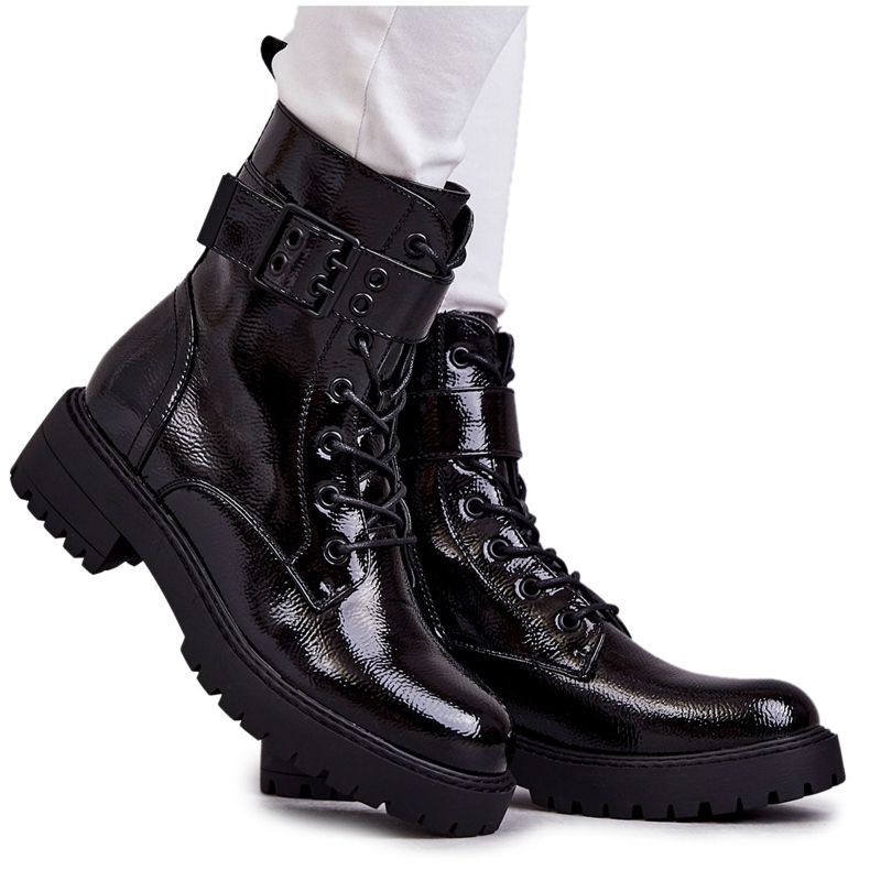 PJ1 Women's Boots Lacquered Laced On a Flat Heel Black Firmina