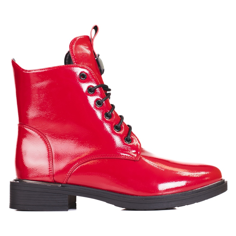 Red women's lace-up ankle boots made of patent ecological leather