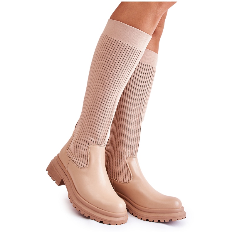 PS1 Ribbed Women's Flat Boots Beige Allys QT50P