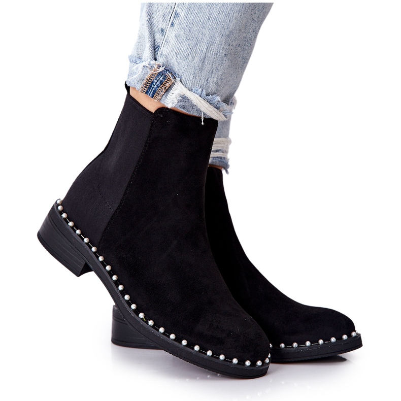 PG1 Suede Booties Chelsea Boots With Pearls Black Jilanna 8335 BLK