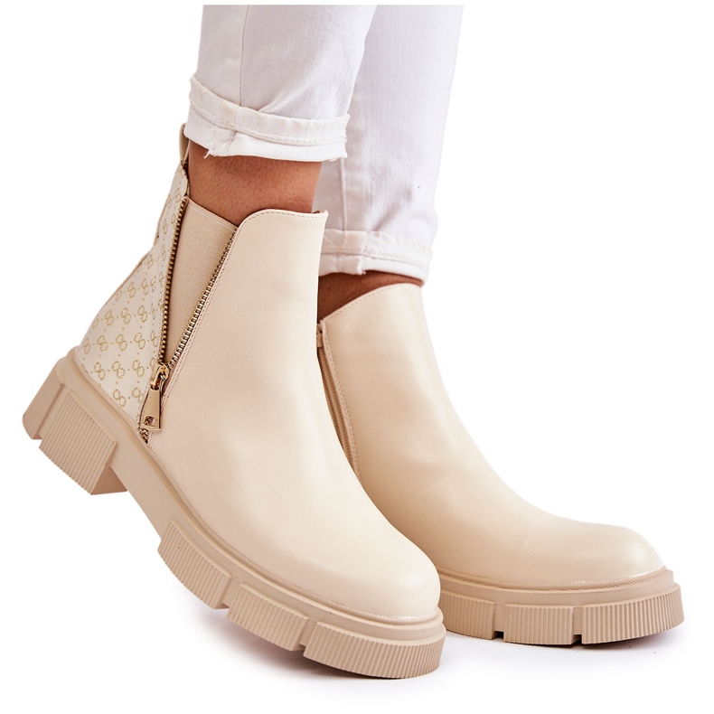 PG1 Women's Leather Boots With A Decorative Zipper Light Beige Lorra