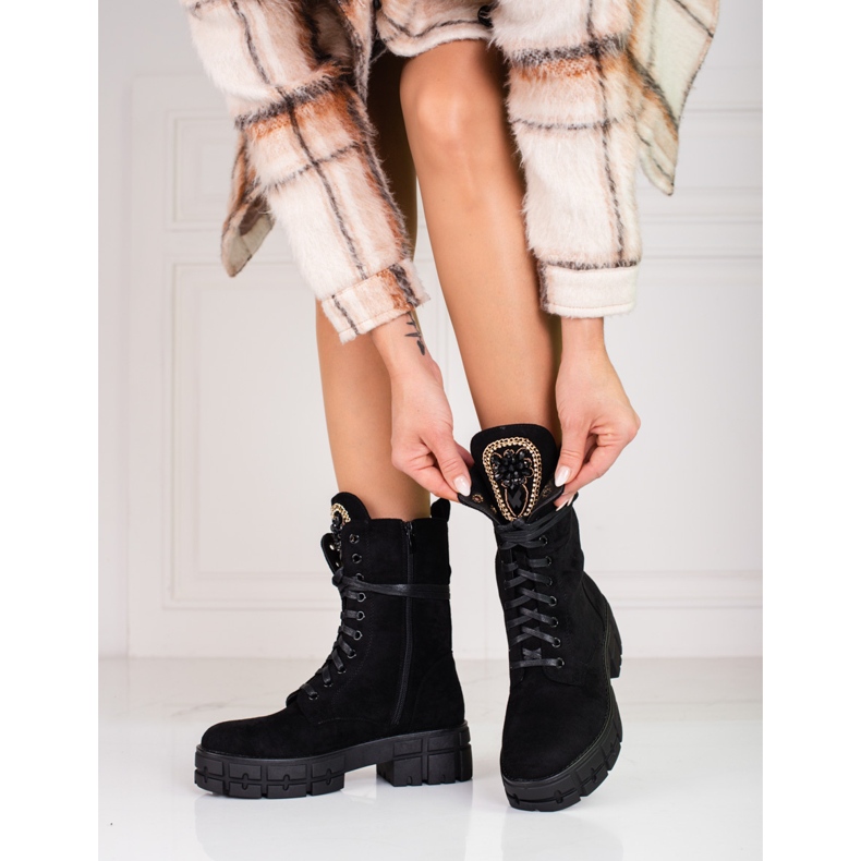 Suede women's work boots with decoration, black