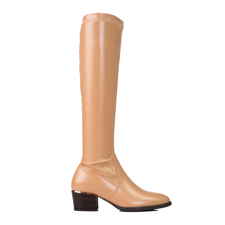 Lacquered women's boots on a low post Vinceza beige