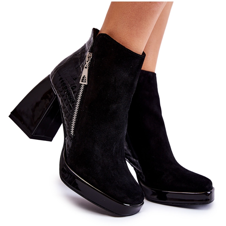Suede Boots On Heel Geometric Pattern Black Alienore